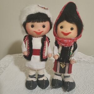 Vintage Handmade Romanian Folk Art Doll Set in Traditional Cultural Costume